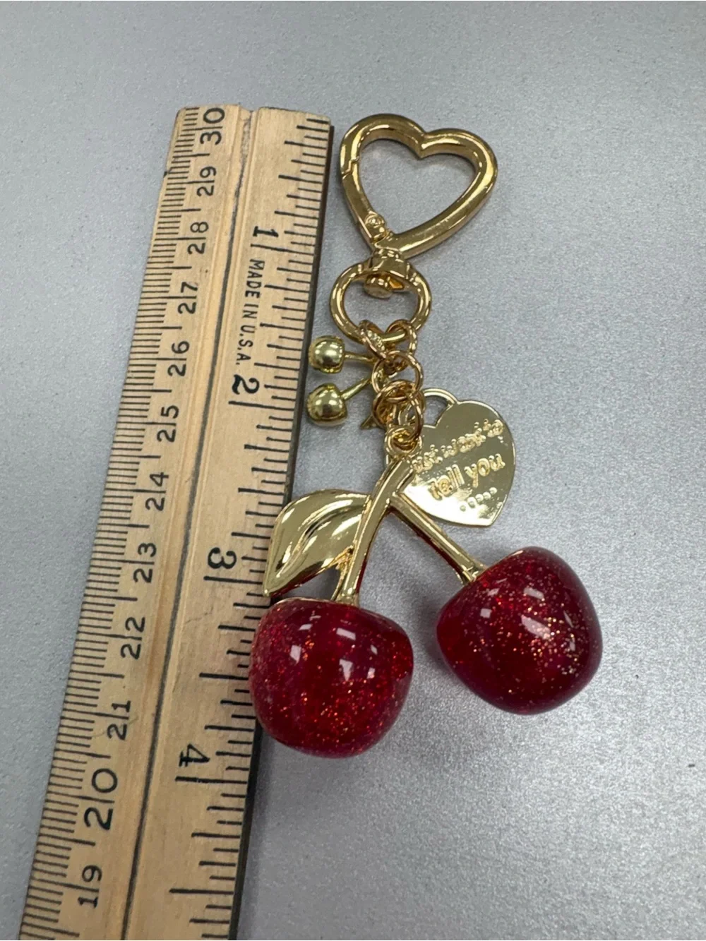 Aesthetic Glitter Resin Cherry Bag Charm Keychain with Gold Heart Clasp